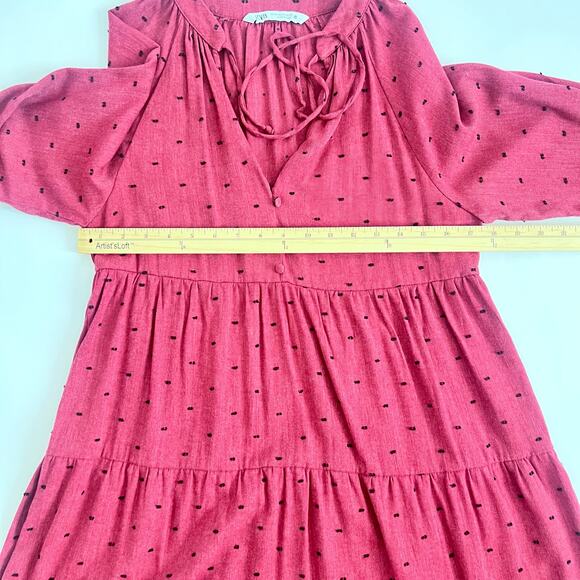 ZARA WOMENS MAROON BLACK SWISS DOT TIERED BALLOON SLEEVE MINI BOHO FLOWY DRESS M - Picture 10 of 11